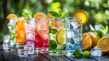 Colorful Refreshing Drinks with Ice Cubes and Mint Leaves