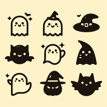 Cute Halloween Icons: Ghosts, Bats, and Witch Hats, Adorable Halloween Icon Set: Ghosts, Cats, and Witches, Minimalist Halloween Icons with Cute Ghosts and Bats.