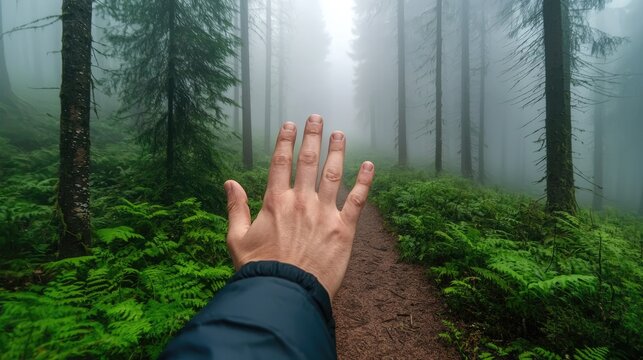 A hand reaches out through a misty forest, surrounded by greenery, inviting exploration along a narrow path.