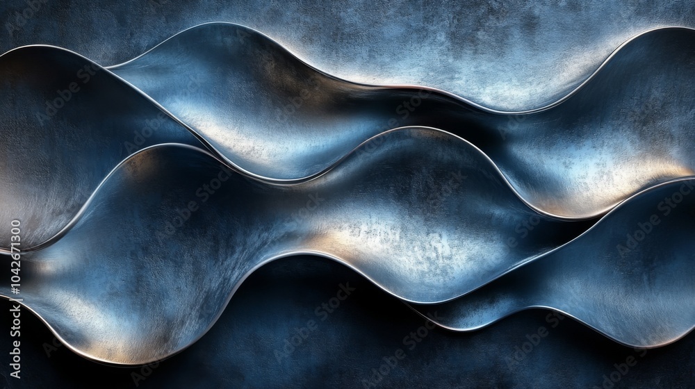 Poster A dynamic arrangement of metallic waves creates a mesmerizing visual, highlighting the interplay of light and shadow on a textured surface. The curves evoke movement and depth.
