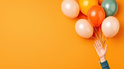 A vibrant hand holds colorful balloons against a bright orange backdrop, evoking a festive and joyful atmosphere.
