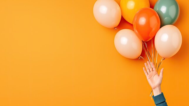 A vibrant hand holds colorful balloons against a bright orange backdrop, evoking a festive and joyful atmosphere.