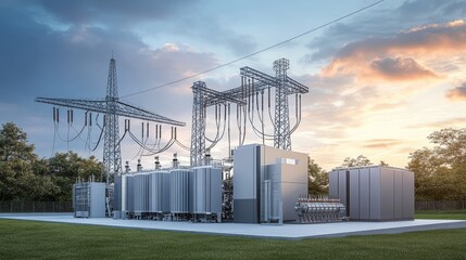 Obraz premium Modern Industrial Energy Plant at Sunset
