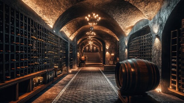 Beautifully lit wine cellar with rows of vintage bottles, capturing the essence of wealth, indulgence, and sophistication