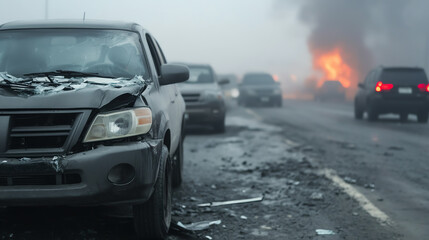 A scene depicting a car accident on a highway, showcasing damaged vehicles amidst smoke and debris. The atmosphere is tense and chaotic.