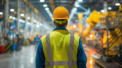 A rear view of a factory worker wearing a yellow hard hat and reflective vest in a large, brightly lit industrial facility, observing the production process