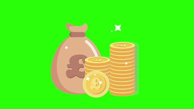 stacked coins rolling and bags of money euro dollars pounds sterling animated coins euro dollars posterling 4k looping sparkling blink