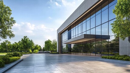 Modern building with large glass windows and landscaped surroundings.