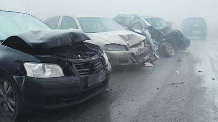 Naklejka premium A series of damaged cars in a foggy environment, showcasing the aftermath of an accident, with crumpled hoods and broken glass.