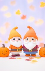 Fototapeta premium Two cheerful gnomes in bright hats stand among playful pumpkins and colorful leaves, creating a delightful autumn scene.