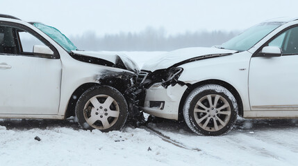 A serious car accident involving two white vehicles in a snowy environment, showing significant damage to the front ends. Winter driving hazards evident.