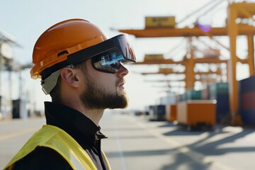 Depict workers using augmented reality glasses to see shipping routes. They can view real-time traffic updates