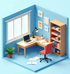 Fototapeta premium Isometric Home Office Room with Desk and Bookcase 