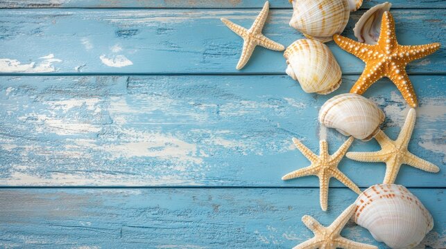 A collection of seashells and starfish on a weathered blue wooden surface.