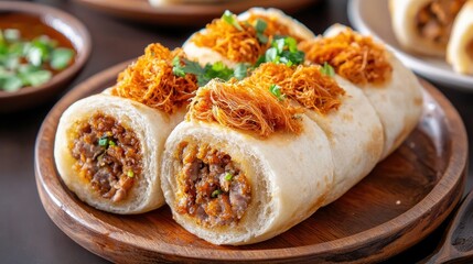 Delicious steamed buns filled with savory meat and topped with crispy garnish, served on a wooden platter.