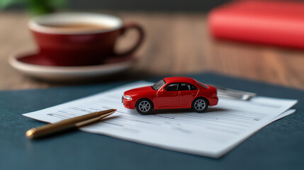 A vibrant red toy car on paperwork with a pen and a cup of coffee in the background, symbolizing auto loans or car purchases.