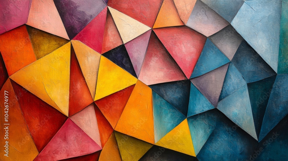 Poster This vibrant abstract piece showcases a dynamic arrangement of triangular shapes in various shades. The artwork blends warm and cool colors, creating depth and movement.