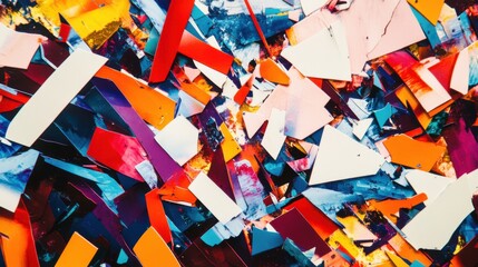 An energetic burst of fragmented, angular shapes with bold colors and high contrast, modern and vibrant