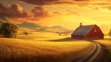 Fototapeta premium A picturesque farm surrounded by golden fields, with a classic red barn standing proudly against the sunset.