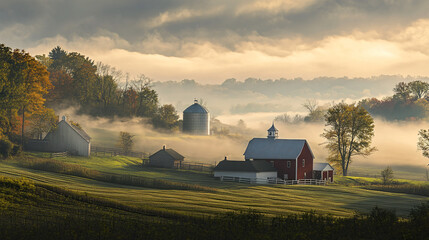 A picturesque farm in a foggy landscape, where morning light breaks through the clouds.