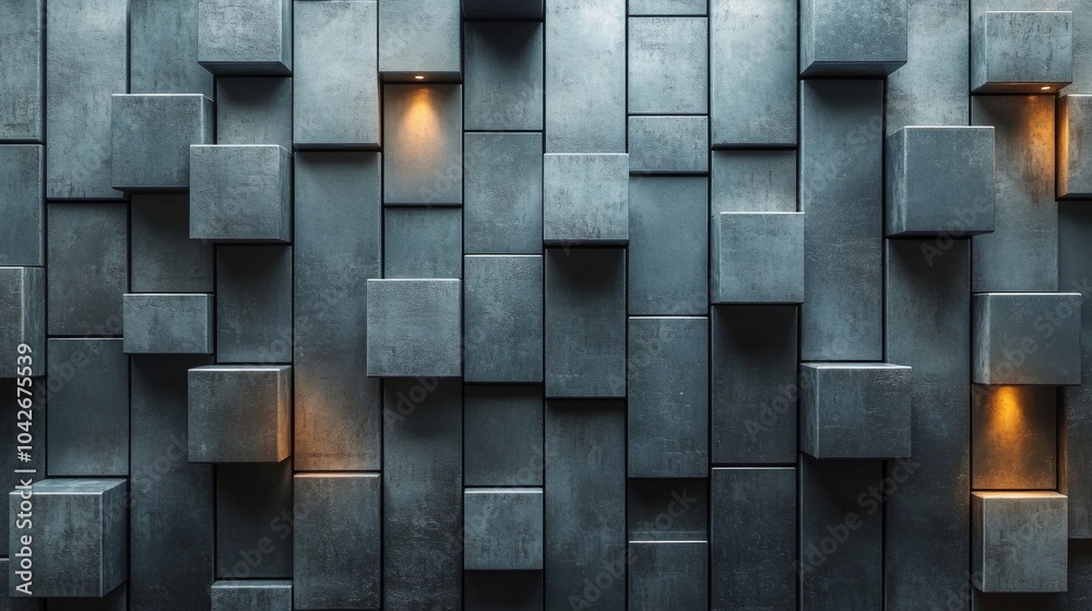 Poster a contemporary indoor wall is composed of textured concrete blocks arranged in a unique pattern, wit