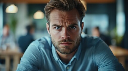 Obraz premium Intense Focus A Thoughtful Man Reflects on Life's Challenges in a Contemporary Setting