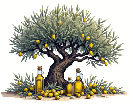 Olive Tree with Bottles of Oil and Olives