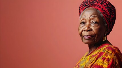 Portrait Shot of a Determined Elderly Ghanaian Woman Wearing a Traditional Kente Cloth Wrap Posing Against a Plain Rust Red Background with Copy Space Above