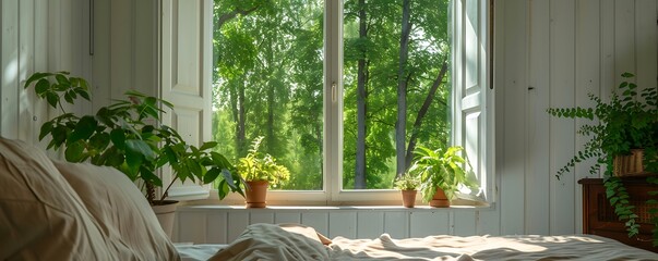 Interior view through white wooden window, green trees outside, modern country house, potted plants by the bed.