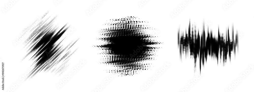 Poster glitch halftone line element set. dotted texture geometric form collection. grunge jagged comic pop 