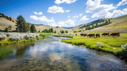 Naklejka premium Cattle Grazing Near a Serene Stream in Nature