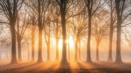 Ethereal Sunrise Through Misty Forest Trees