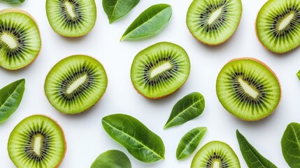 Fototapeta premium Fresh Kiwi Slices and Green Leaves Arrangement
