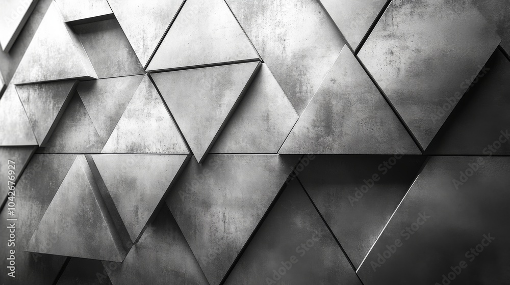 Poster A wall adorned with textured triangles displays a striking monochrome design. The interplay of light and shadow emphasizes the modern architectural aesthetics, creating a visually captivating effect.
