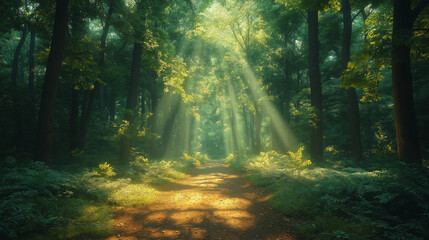 Naklejka premium Enchanting forest paths, with sunlight shining through the trees, perfect for exploring and discovering themes