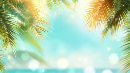 A serene beach scene with palm leaves framing a soft, blurred ocean background.