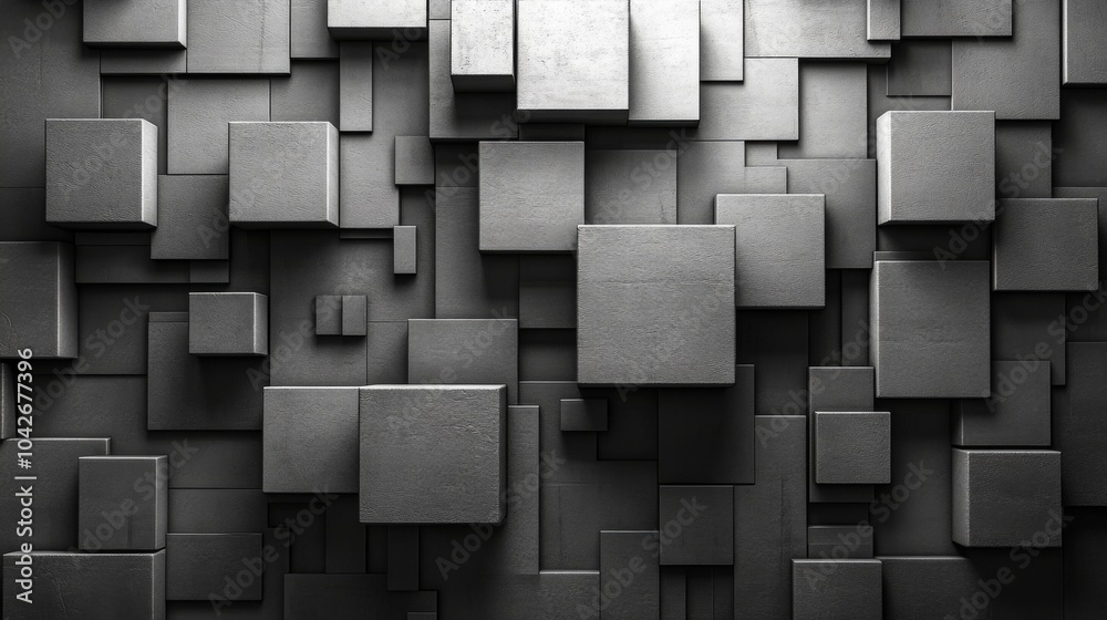 Poster A textured wall composed of various sized black and gray blocks showcases a modern abstract design, adding depth and visual interest to the space.