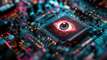 Fototapeta premium Cybernetic Vision: Futuristic Technology Concept with Eye Symbol on Microchip Illustrating Data Flow on Digital Motherboard