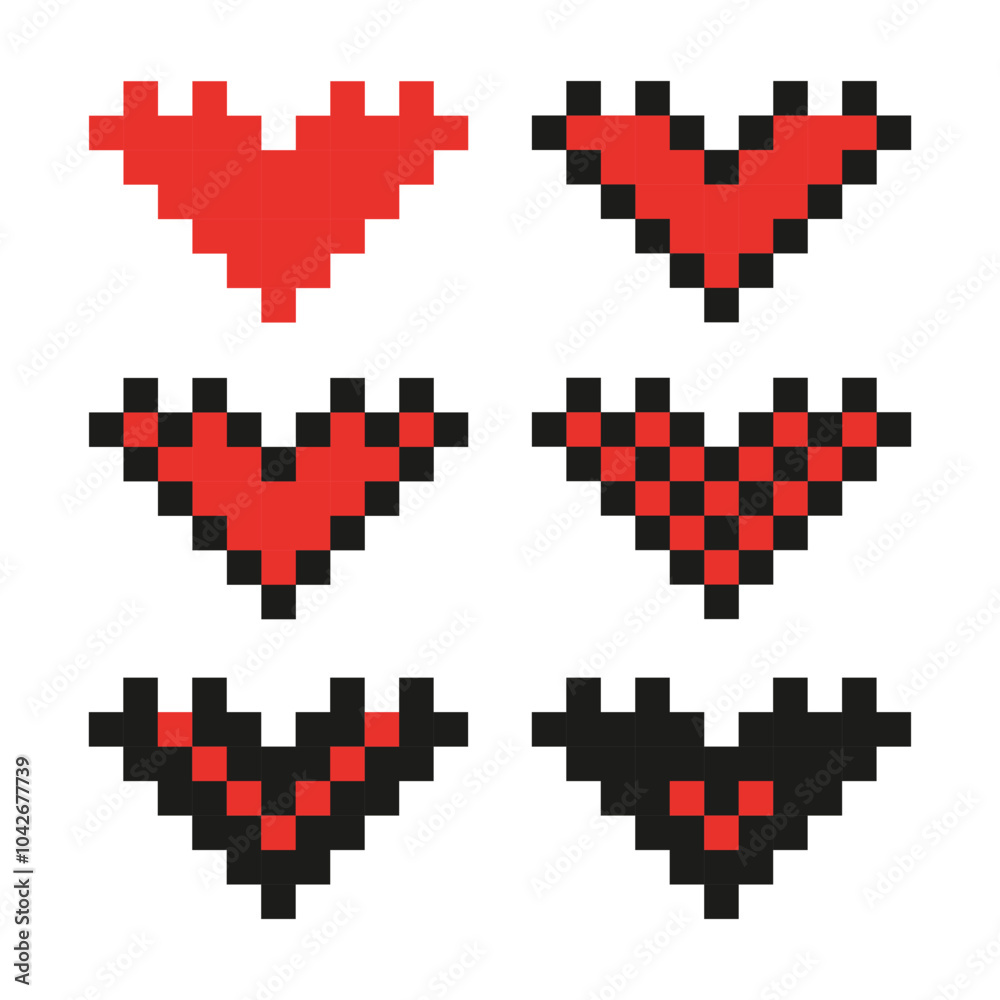 Poster vector set of pixel heart icons isolated on a white background. trendy geometric retro style