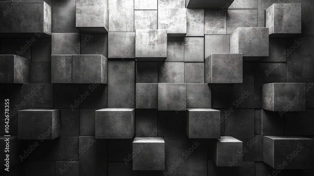 Aufkleber A unique arrangement of three-dimensional blocks creates an abstract visual on a textured wall, highlighting varying dimensions and shadows. This design can enhance modern interior spaces.