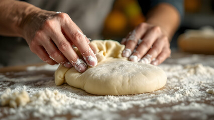 Fototapeta premium Hands Kneading Dough on Flour-Dusted Surface