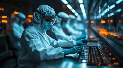 A group of scientists analyzing data in a state-of-the-art research facility.