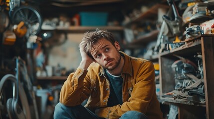 Contemplating Creativity A Young Man's Moment of Reflection in a Workshop Full of Tools and Materials