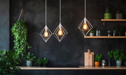 White wireframe lights add contrast to the sleek black kitchen interior