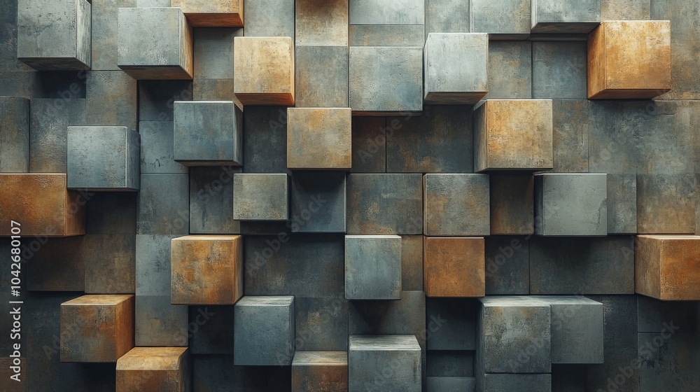 Poster This visual showcases a textured wall displaying a dynamic layout of concrete and rust-colored cubes, creating a contemporary and artistic interior atmosphere.
