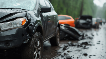 Close-up view of damaged cars after a road accident in rainy weather. Details of crushed bodywork and debris scattered on the wet ground.