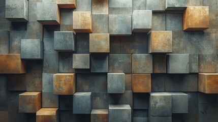 This visual showcases a textured wall displaying a dynamic layout of concrete and rust-colored cubes, creating a contemporary and artistic interior atmosphere.