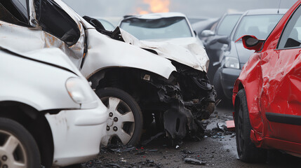 Close-up view of damaged cars in a junkyard, showcasing crushed vehicles and twisted metal, symbolizing the aftermath of an accident.