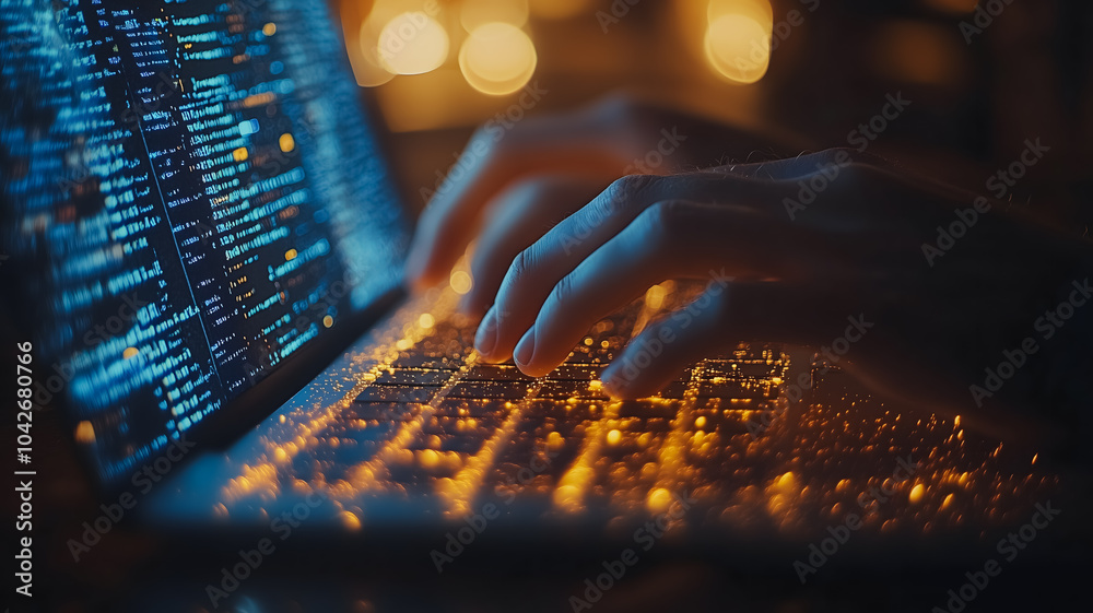 Poster a person is typing on a laptop with a keyboard that has a lot of glowing numbers. concept of technol