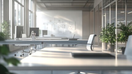 Fototapeta premium Modern office interior with desks, plants, and technology, promoting a productive environment.